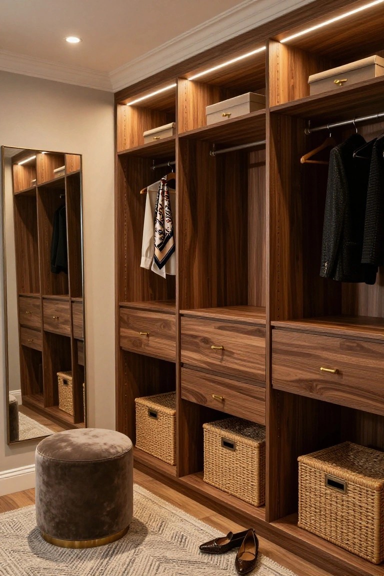 Walk-in closet with walnut wood cabinets, integrated LED strip lighting along upper edges and ceiling, hanging clothes and scarves, open drawers, woven baskets, full-length mirror, velvet stool, and high-heeled shoes on a rug.