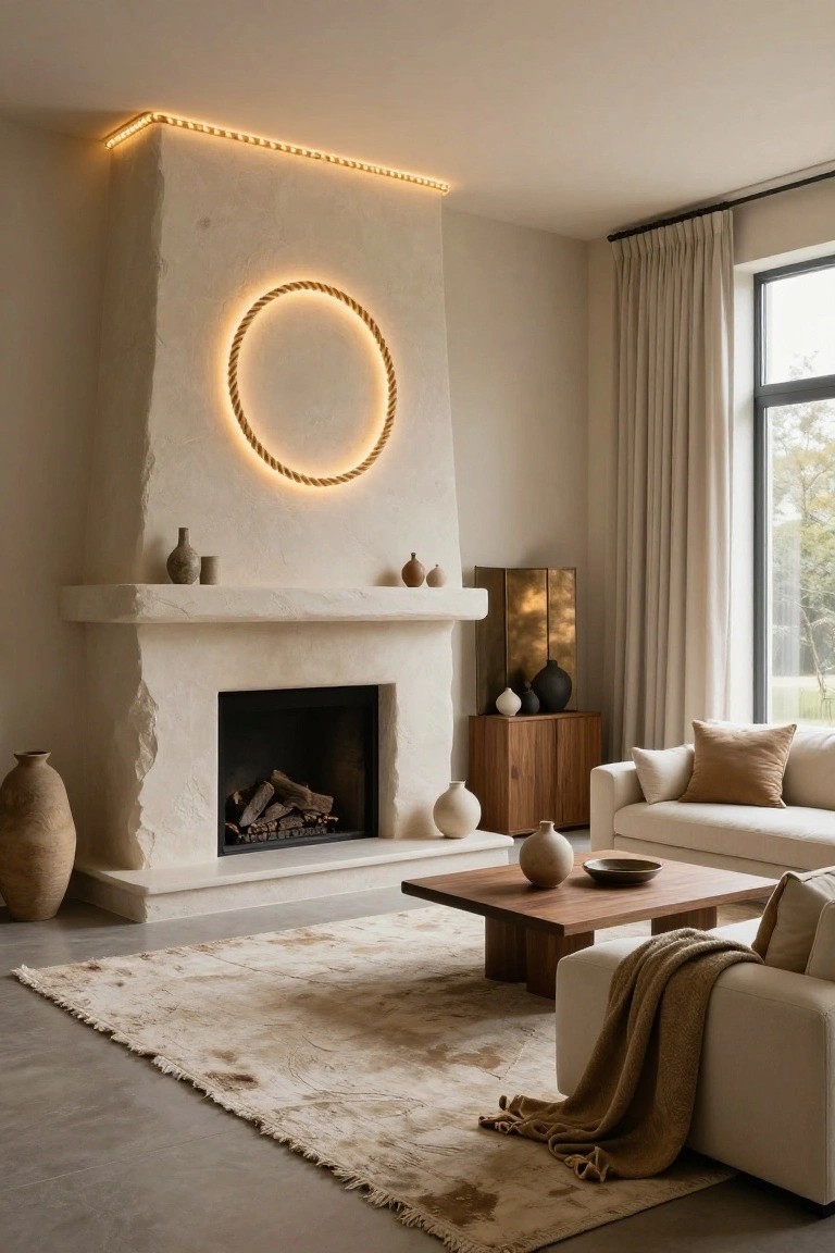 Living room interior with textured stone fireplace featuring a glowing rope light circle above the mantel, neutral sofa and wooden furniture on a beige rug, large window with cream curtains, and LED rope lighting along the ceiling-wall edge.
