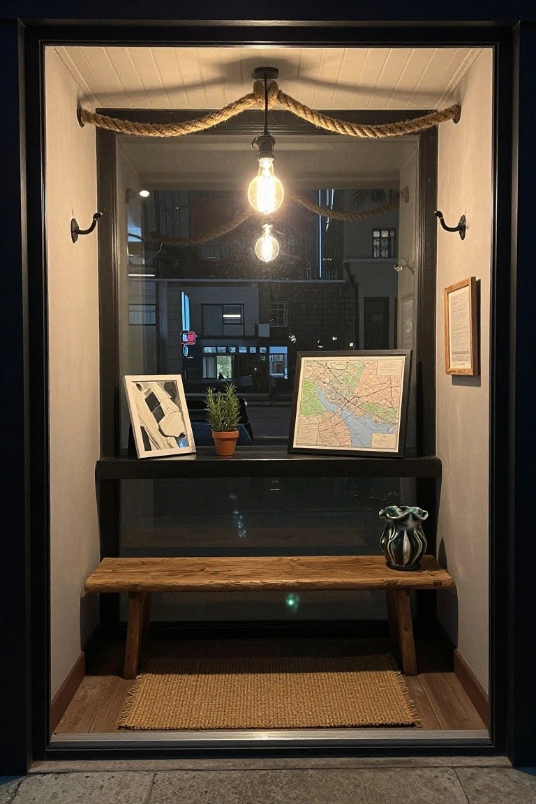 Window nook display with thick rope strung across the ceiling suspending two hanging bulb lights, wooden bench below, framed artwork, map, vase, and potted plant on the sill, viewed from outside at night.