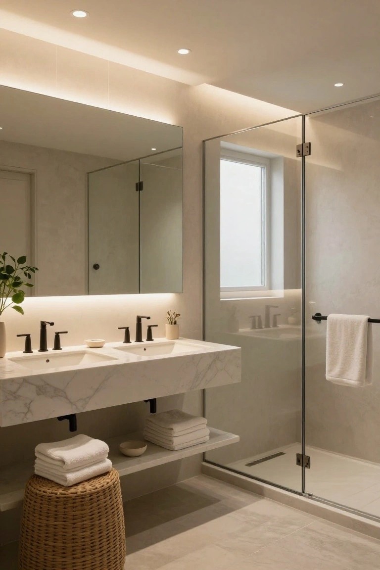 Modern bathroom interior with double white sinks on a marble vanity, large backlit mirror, glass shower enclosure, and soft perimeter cove lighting on the ceiling.