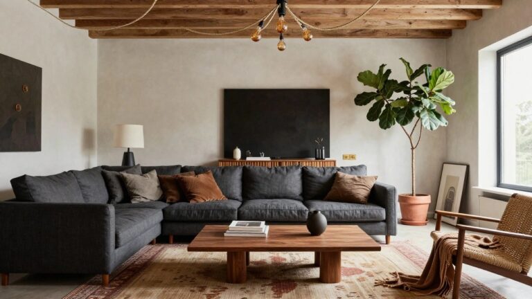 Living room featuring exposed wooden ceiling beams with warm LED strip lights along the edges, a brass chandelier with amber glass globes, gray sofa, wooden media console and coffee table, potted fiddle leaf fig plant, and large black-framed windows.