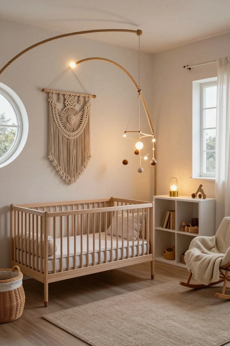 A nursery room with beige walls, wooden crib, arched rope ceiling light with hanging bulbs and wooden mobiles, macrame wall hanging, white shelving unit with books and toys, rocking chair with blanket, wicker basket, and round window.