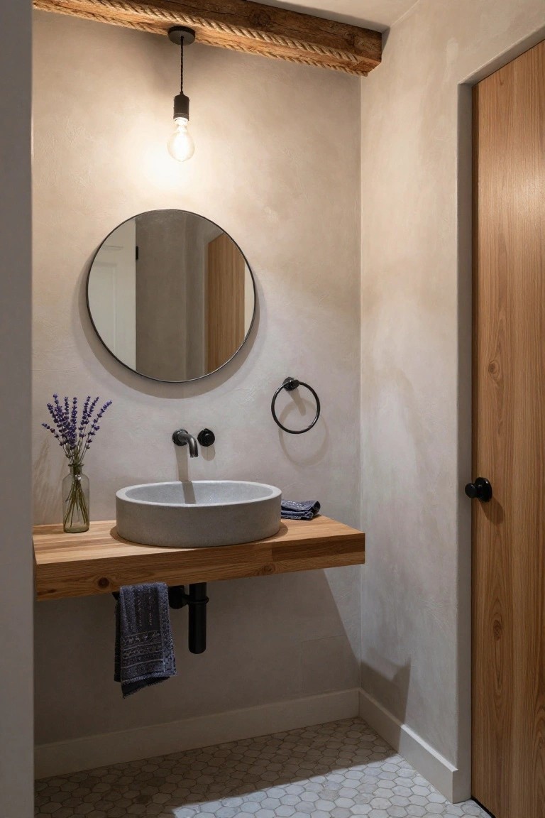 Small interior bathroom featuring a beige textured wall, round black mirror, white vessel sink on wooden shelf with black faucet, lavender flowers in glass vase, towel on pipe, hexagonal white tile floor, wooden door, and exposed wooden rope beam ceiling with hanging exposed-bulb pendant light.