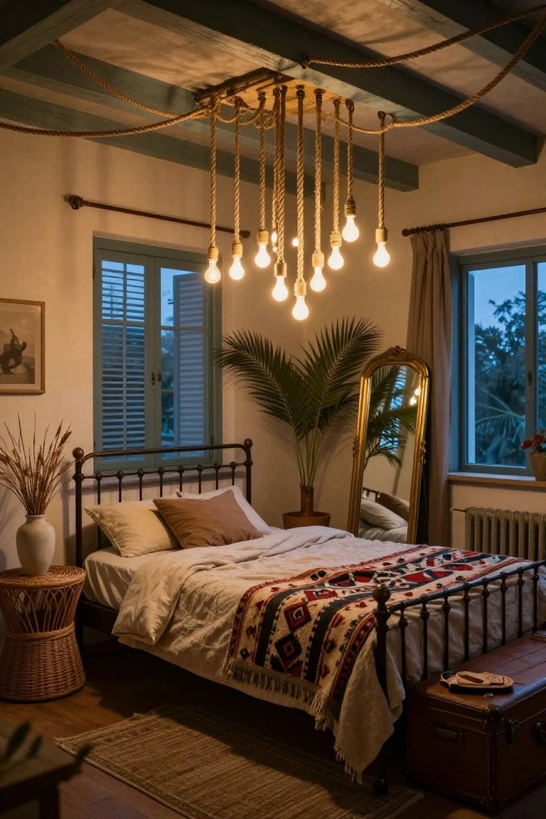 Cozy bedroom interior featuring a rope-suspended chandelier with multiple hanging Edison bulbs above an iron bed, with potted plants, woven side table, and gold mirror near shuttered windows.