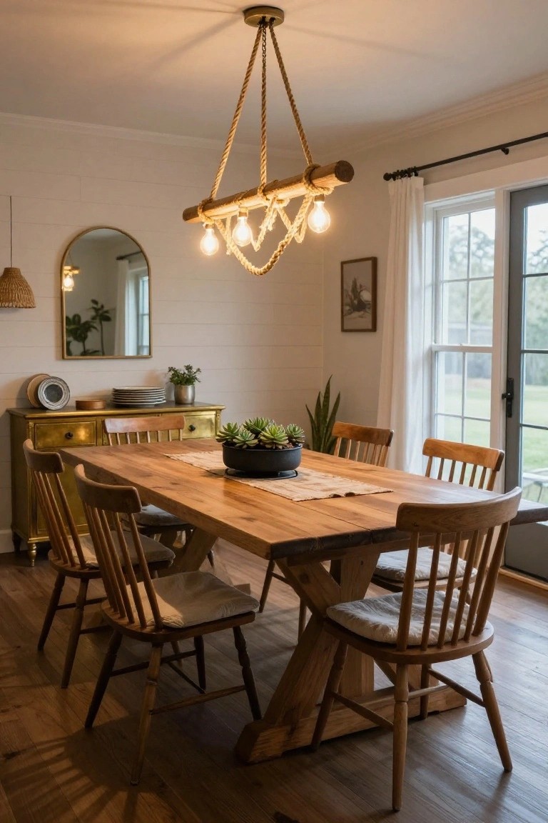 Dining room with white shiplap walls, a gold buffet cabinet, wooden dining table and chairs, potted plants, and a rope-suspended wooden chandelier with four lit bulbs above the table, adjacent to a sliding glass door with white curtains.