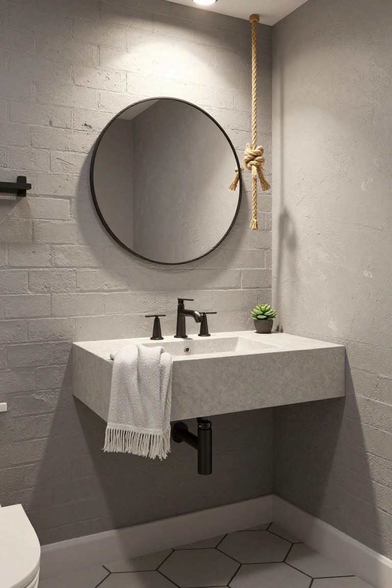 Modern gray bathroom interior with exposed white brick walls, floating white quartz sink with black faucets, round black-framed mirror, small potted succulent, white towel, toilet, hexagonal gray floor tiles, and thick knotted rope hanging from ceiling corner.