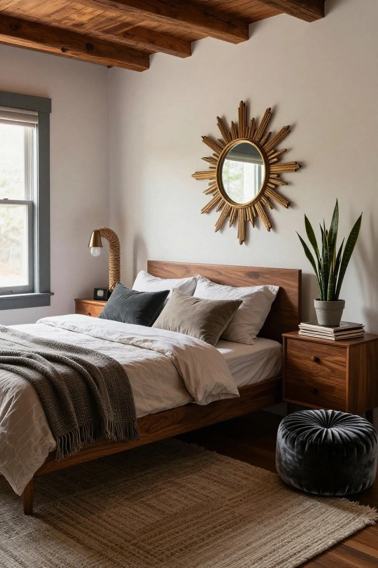 Bedroom with low wooden platform bed draped in white linens and gray throw, nightstand holding books and clock next to rope-wrapped gooseneck lamp, gold sunburst mirror on wall above snake plant in gray pot, black velvet pouf, beige jute rug, hardwood floors, and exposed wooden beam ceiling.