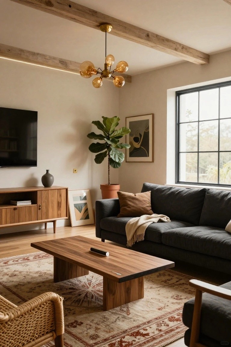 Living room featuring exposed wooden ceiling beams with warm LED strip lights along the edges, a brass chandelier with amber glass globes, gray sofa, wooden media console and coffee table, potted fiddle leaf fig plant, and large black-framed windows.