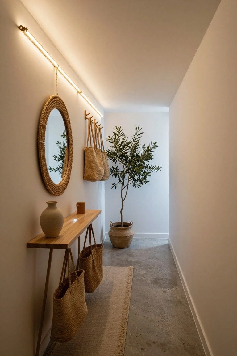 Narrow white hallway featuring a glowing rope-wrapped LED light strip suspended from the ceiling, round rattan mirror on wall, wooden console table with ceramic vase and mug, hanging straw bags, potted olive tree, and beige runner rug on polished concrete floor.