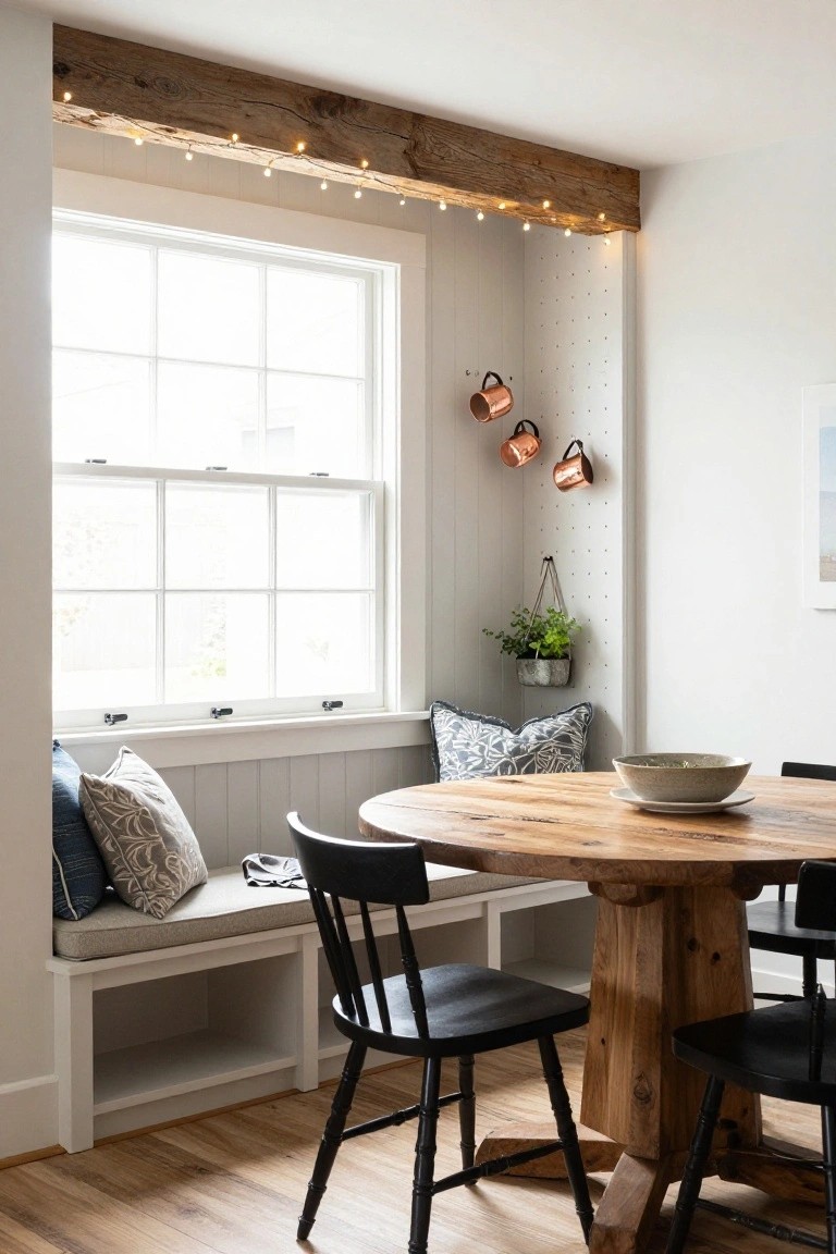 Dining nook interior with window seat bench, round wooden table, black chairs, copper mugs on wall, potted plant, and string lights along a wooden ceiling beam by a white window.