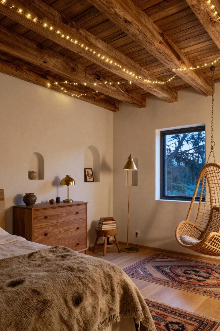 Bedroom with dark wooden exposed ceiling beams draped in white string lights, light-colored walls, wooden dresser, bed with fur blanket, hanging wicker chair, and window showing dark trees outside.