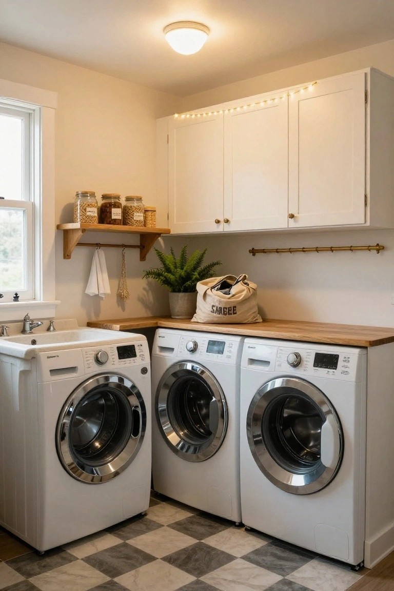 Laundry room with three white front-loading washers and dryers under a wooden countertop, white upper cabinets lined with LED string lights, a utility sink, potted plant, canvas laundry bag, and black-and-white checkered tile floor.