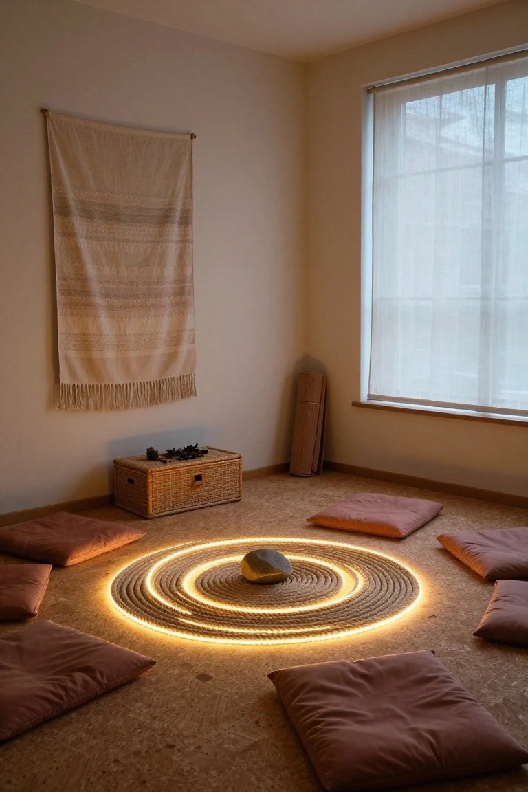 Indoor room with pink floor cushions arranged around concentric circles of glowing yellow rope lights on a wooden floor, centered on a gray rock, including a woven wall hanging, bamboo mat, basket with branches, and large window with sheer curtains.
