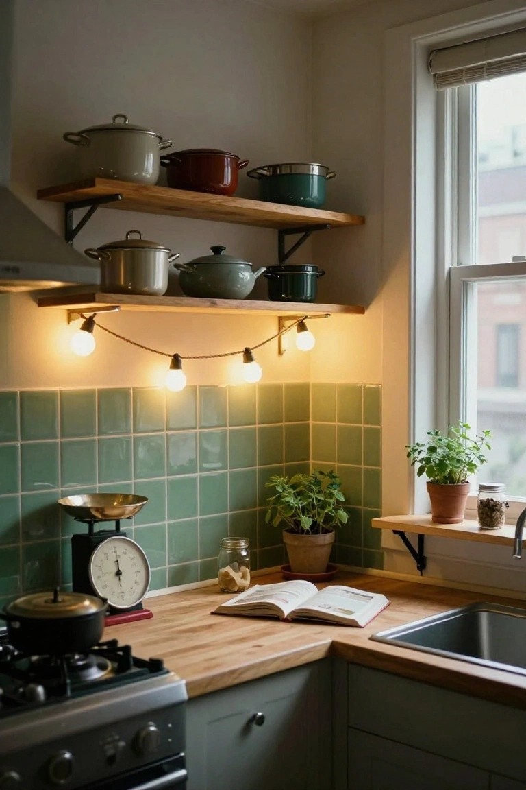 Kitchen corner with open wooden shelves holding enameled pots in various colors, hanging string of round bulb lights, green subway tile backsplash, wooden countertop with brass scale and open cookbook near stainless sink and gas stove.