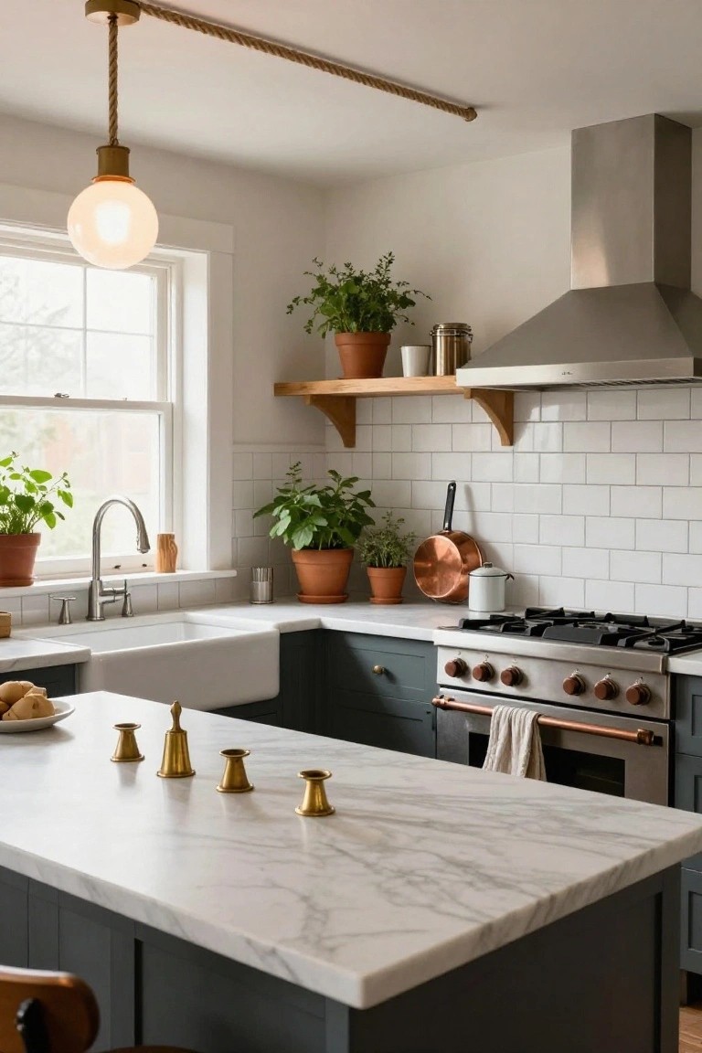 Kitchen with dark green lower cabinets, white subway tile backsplash, marble island countertop, farmhouse sink, plants in terracotta pots, copper cookware, and a brass globe pendant light suspended by rope from ceiling track.