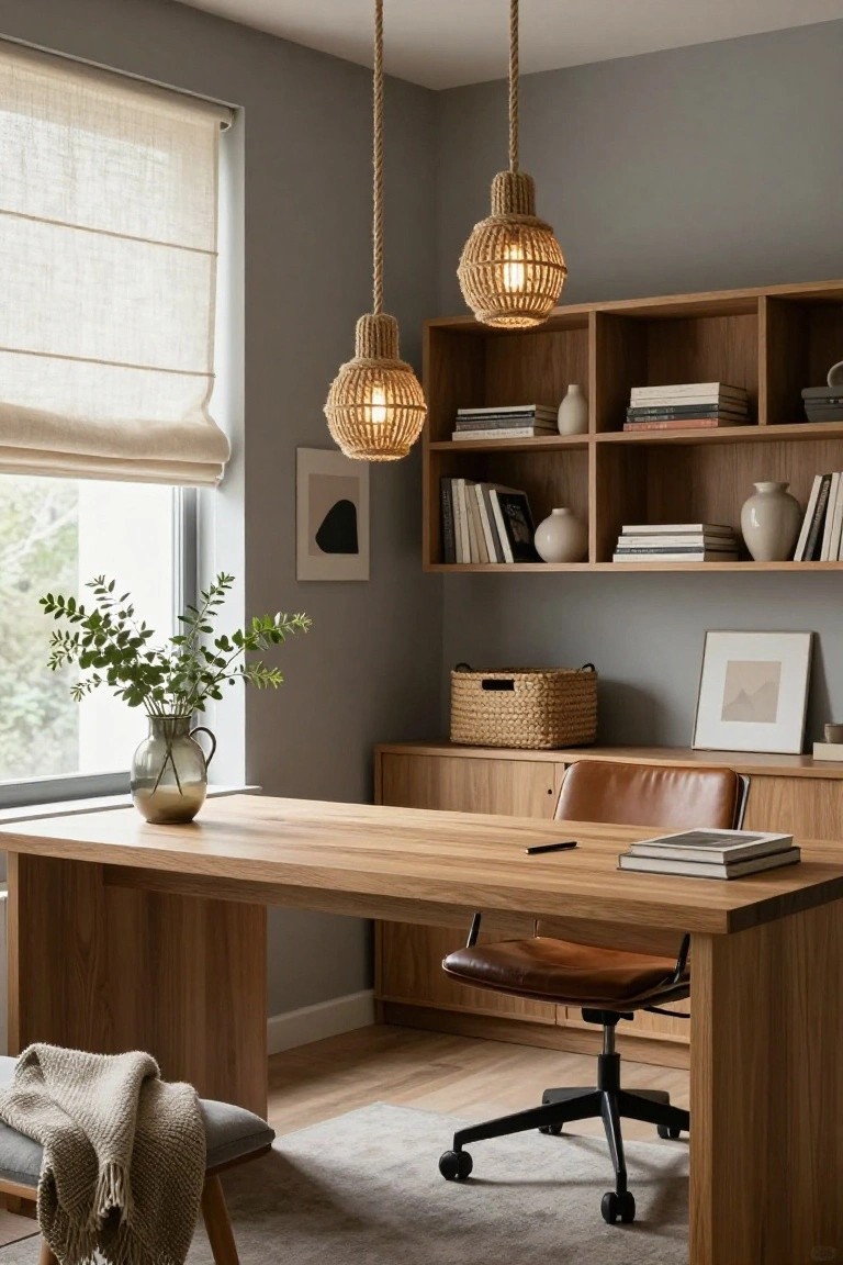 A home office with light gray walls, a large light wood desk, tan leather office chair on wheels, built-in wooden shelves filled with books and vases, plants, and two lit woven rope pendant lights hanging from the ceiling above the desk.