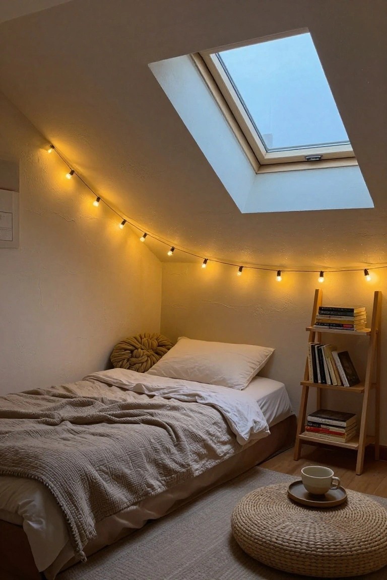 Small attic bedroom with sloped white ceiling and skylight, warm string lights draped along the slope, low platform bed with white sheets and gray quilt, wooden ladder bookshelf with books, knotted pillow, rattan pouf, and teacup on gray rug.
