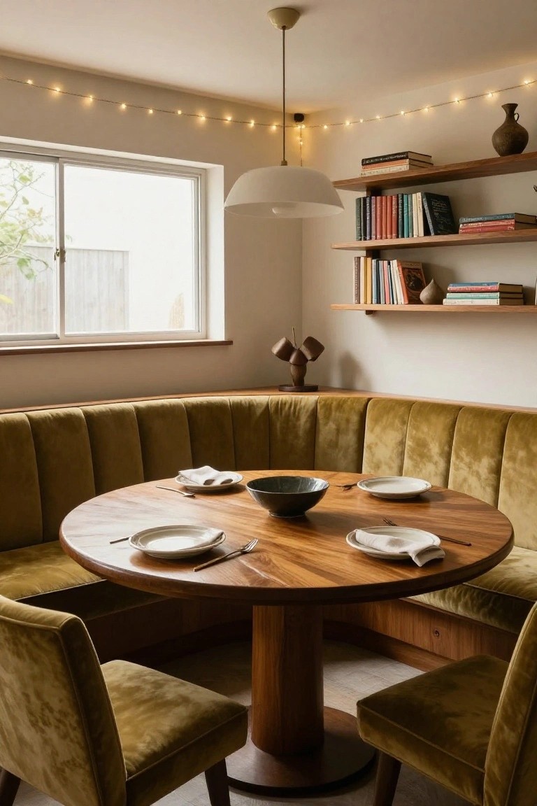 Cozy indoor dining nook with green velvet booth seating around a round wooden table set for a meal, wooden shelves with books and ceramics, two pendant lamps, and string lights strung along the ceiling perimeter next to a window.