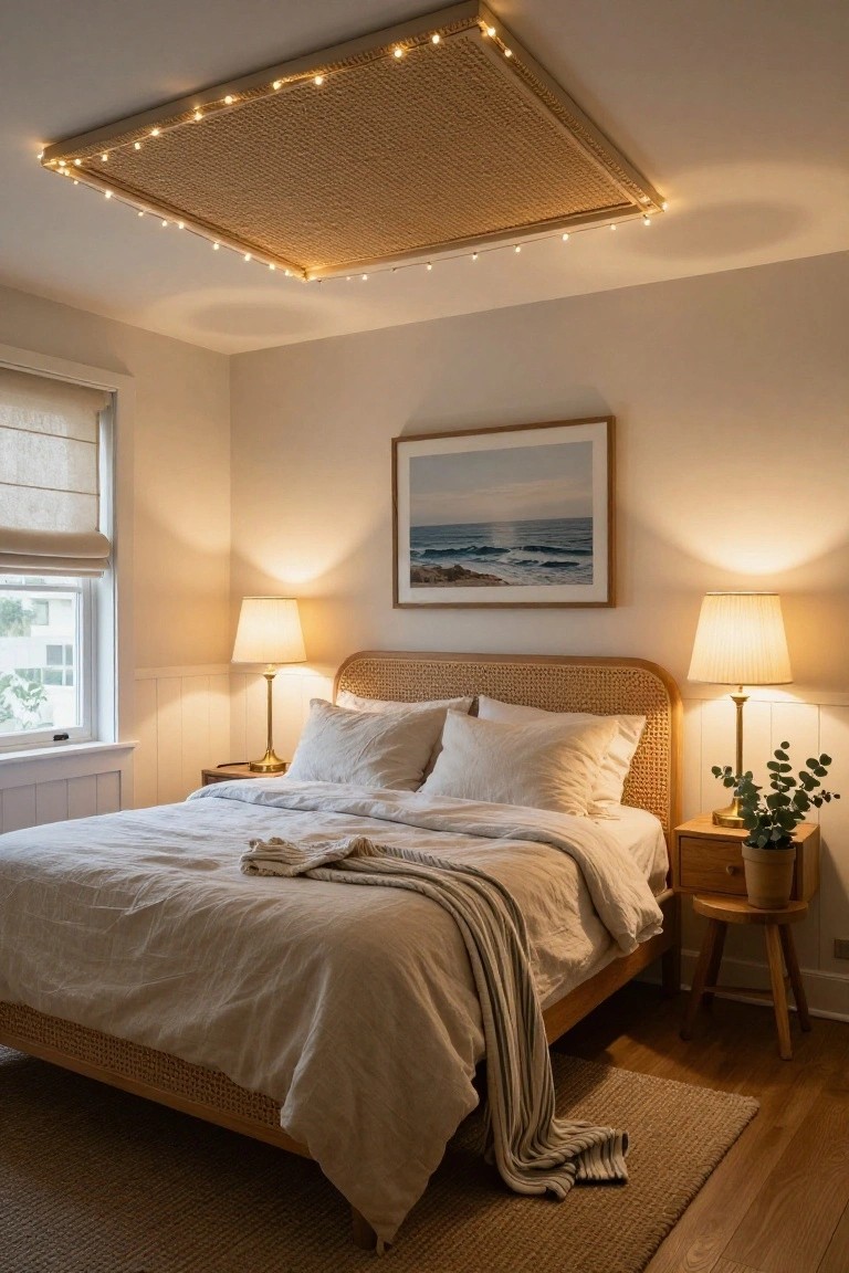 Bedroom featuring a square woven ceiling panel edged with string lights, a rattan bed frame with white linens, two brass bedside lamps, and a seascape painting on the wall.