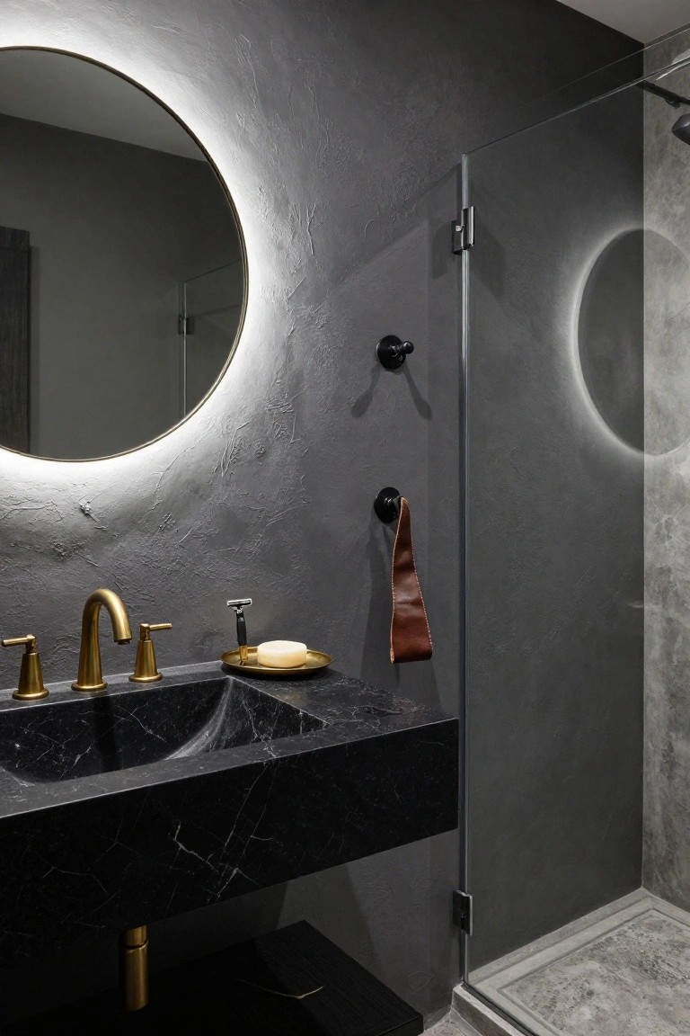 Bathroom vanity with black marble sink, gold faucet and handles, large round backlit mirror mounted on textured gray plaster wall, soap dish, razor, leather towel holder, and adjacent glass shower enclosure on concrete tile floor.