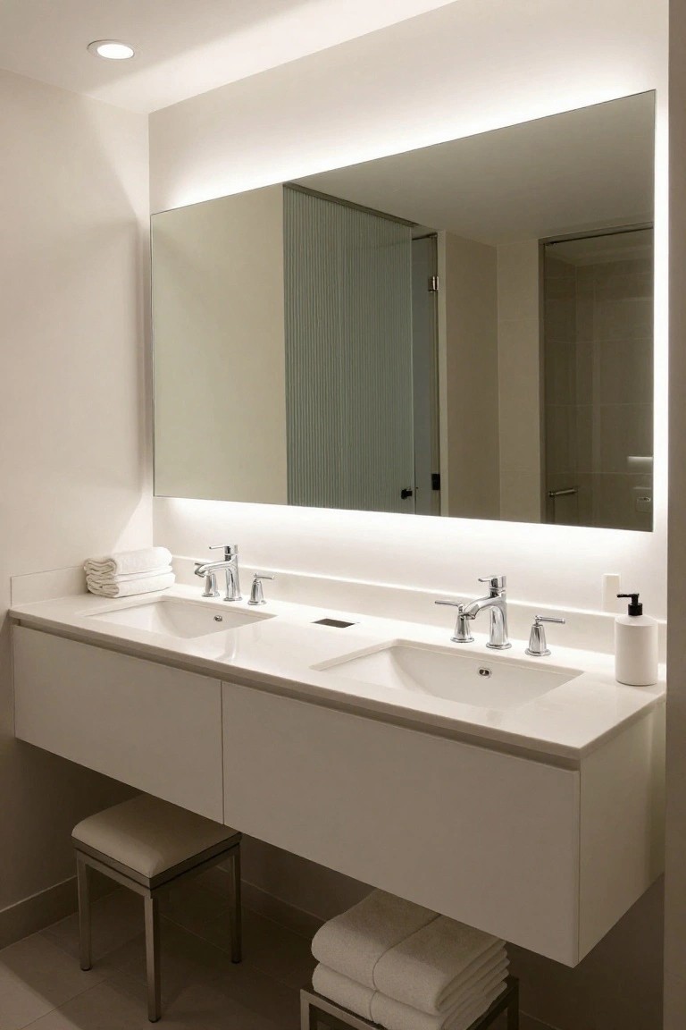 White double bathroom vanity with two sinks under a large rectangular mirror edged in LED backlighting, plus a recessed ceiling light and stacked white towels nearby.