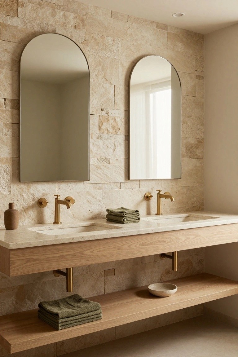 Modern bathroom with beige stone tile wall, two tall arched mirrors, floating light oak double vanity with two white integrated sinks and gold wall-mounted faucets, green towels on shelf below, and recessed ceiling light above.