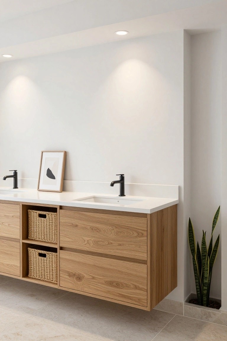Contemporary bathroom vanity with floating oak cabinets, two white undermount sinks, black faucets, wicker baskets in open shelves, framed beige abstract art on white wall, snake plant in wall niche, two recessed ceiling lights, and light beige tile floor.