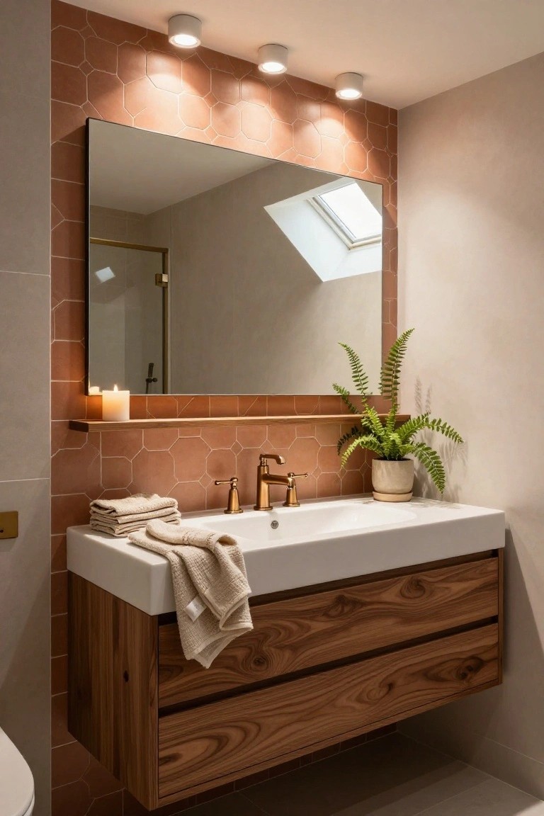 Bathroom vanity with floating wooden cabinet, white sink, brass faucet and handles, folded towels, large rectangular mirror on hexagonal terracotta tiled wall, three recessed white ceiling lights above, potted fern and candle on wooden shelf, glass shower enclosure and skylight visible.
