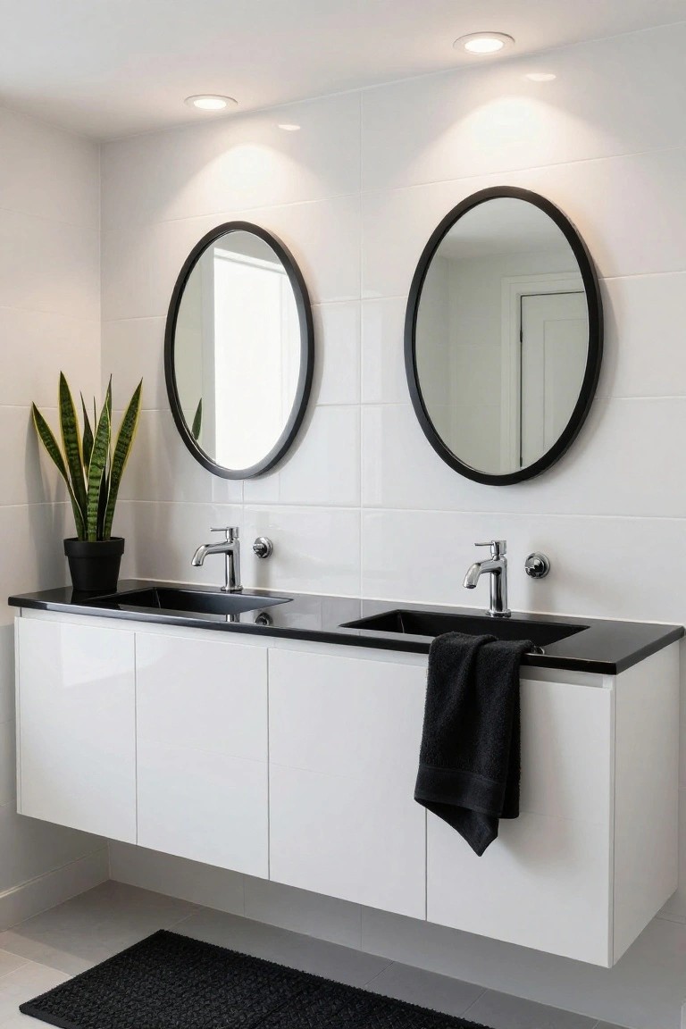 White bathroom with floating double vanity on black countertop, two undermount sinks, chrome faucets, two oval black-framed mirrors, potted snake plant, black towel draped over vanity edge, black bath mat on floor, and two recessed ceiling lights above the vanity.