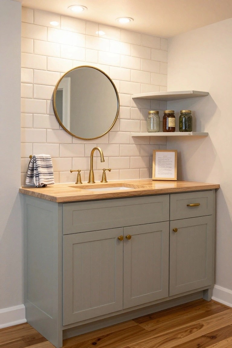 Bathroom vanity with light gray cabinets, light wood countertop, gold bridge faucet, round gold-framed mirror on white subway tile wall, recessed ceiling lights, striped towel, floating wood shelf holding jars, and hardwood floor.