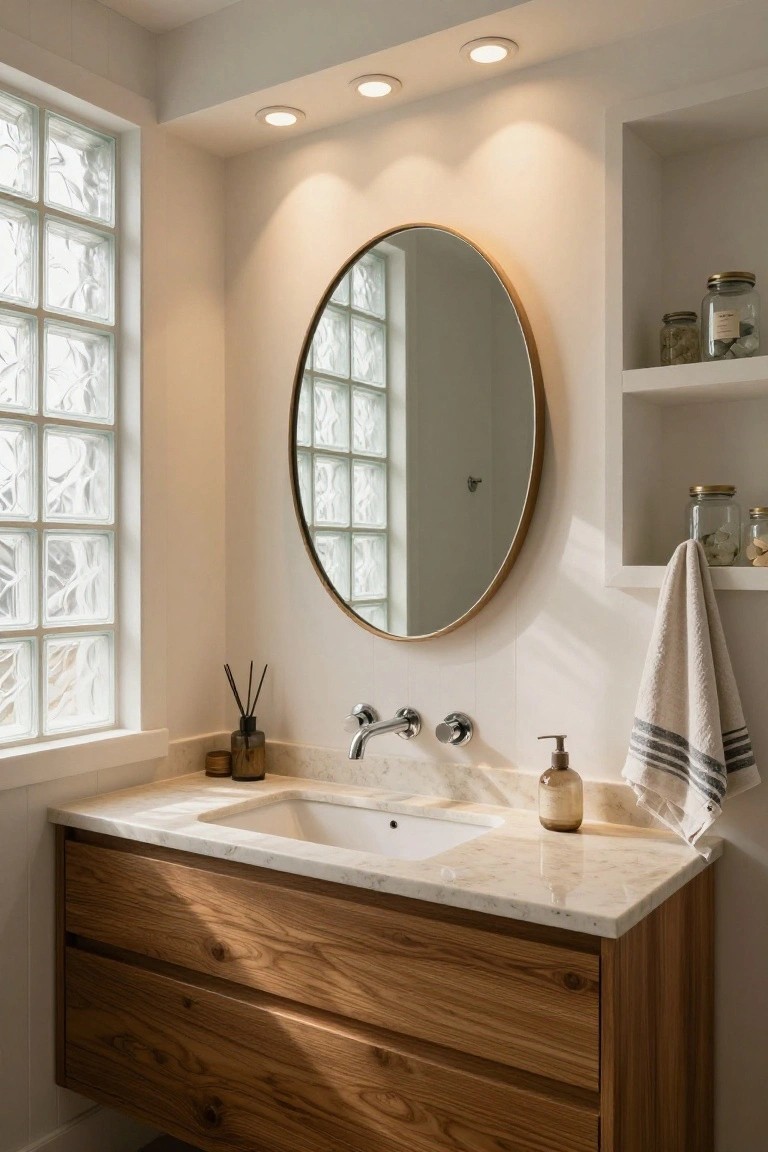 Bathroom vanity with floating oak wood cabinet, white marble countertop and undermount sink, gold oval mirror, reed diffuser, lotion bottle, hanging towel, shelves with jars, and three recessed round ceiling lights above, beside frosted glass block window.