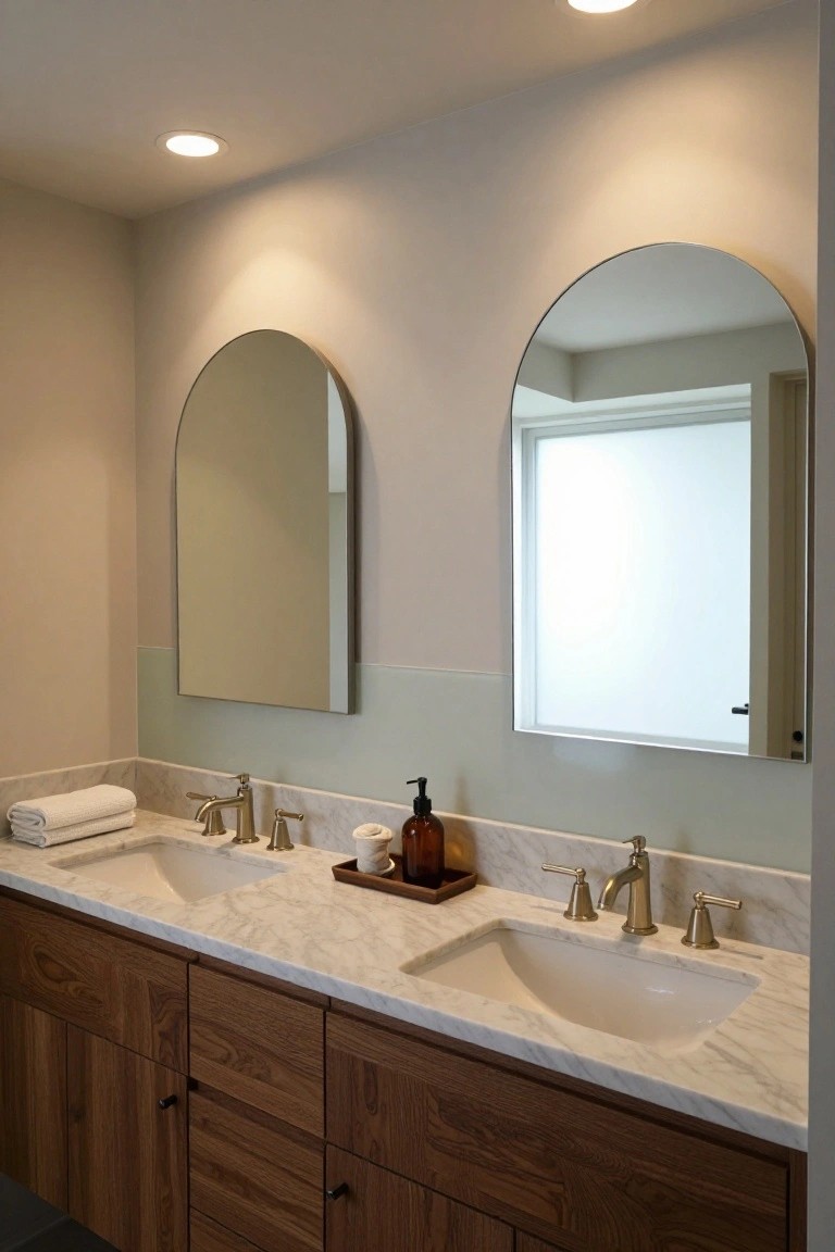 Modern bathroom double vanity with white marble countertop, two undermount sinks, gold faucets, wood cabinets, two arched mirrors, green soap dispenser tray, folded towels, and recessed ceiling lights above.