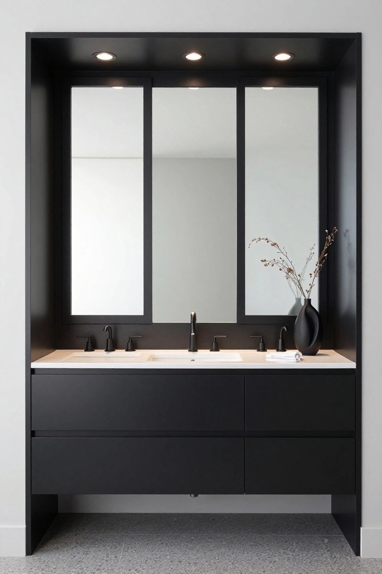 Black framed triple mirrors above a white countertop with two sinks, black faucets, and recessed ceiling lights, flanked by black cabinets on a light gray tiled floor.