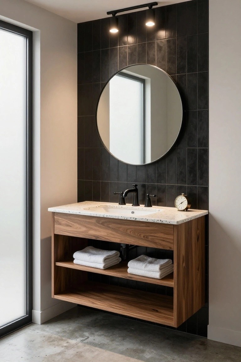Bathroom vanity with walnut wood floating cabinet, white quartz sink countertop, matte black faucet, large round mirror on black rectangular tile wall, recessed track spotlights overhead, small brass clock on counter, and frosted glass window nearby.