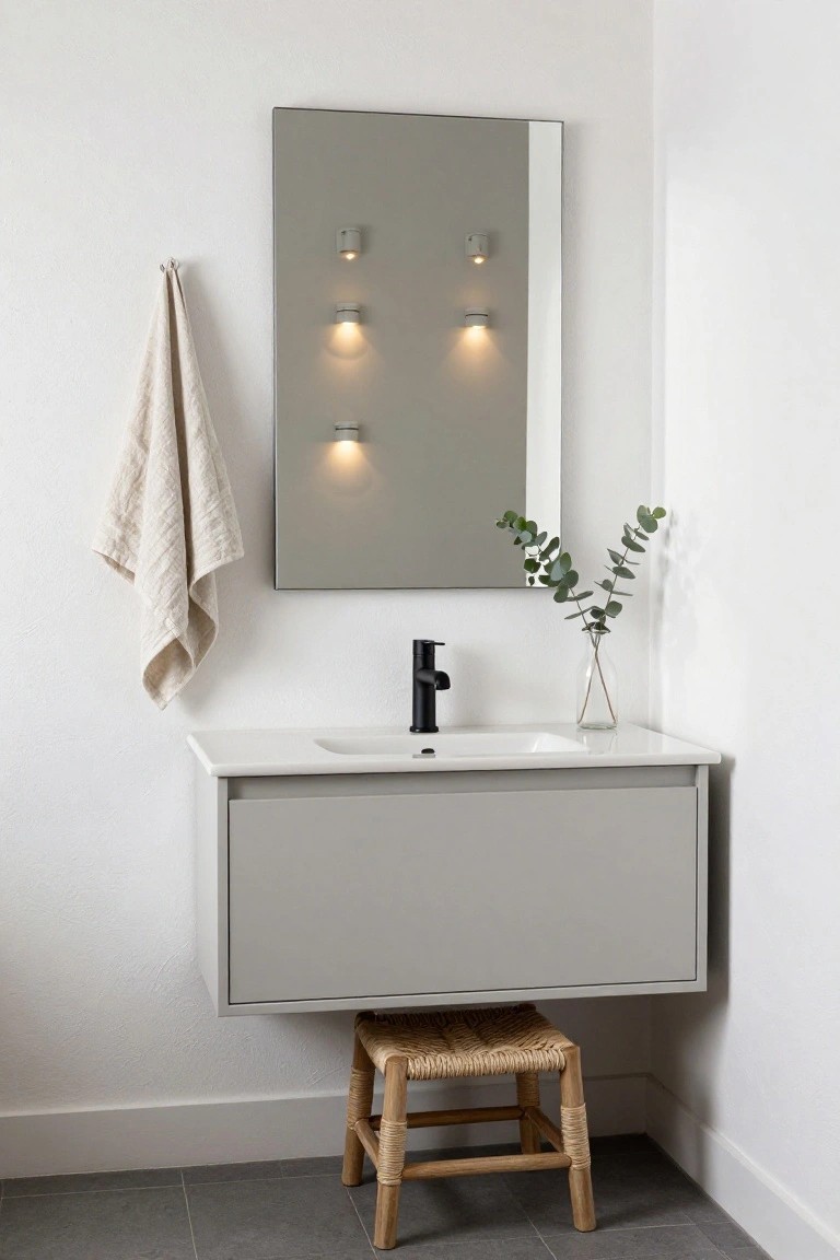 Corner bathroom vanity setup featuring a floating light gray cabinet with white sink and black faucet, tall rectangular mirror flanked by four small recessed wall lights, beige linen towel hanging nearby, glass vase with eucalyptus sprig on the counter, and woven wood stool on gray tile floor.