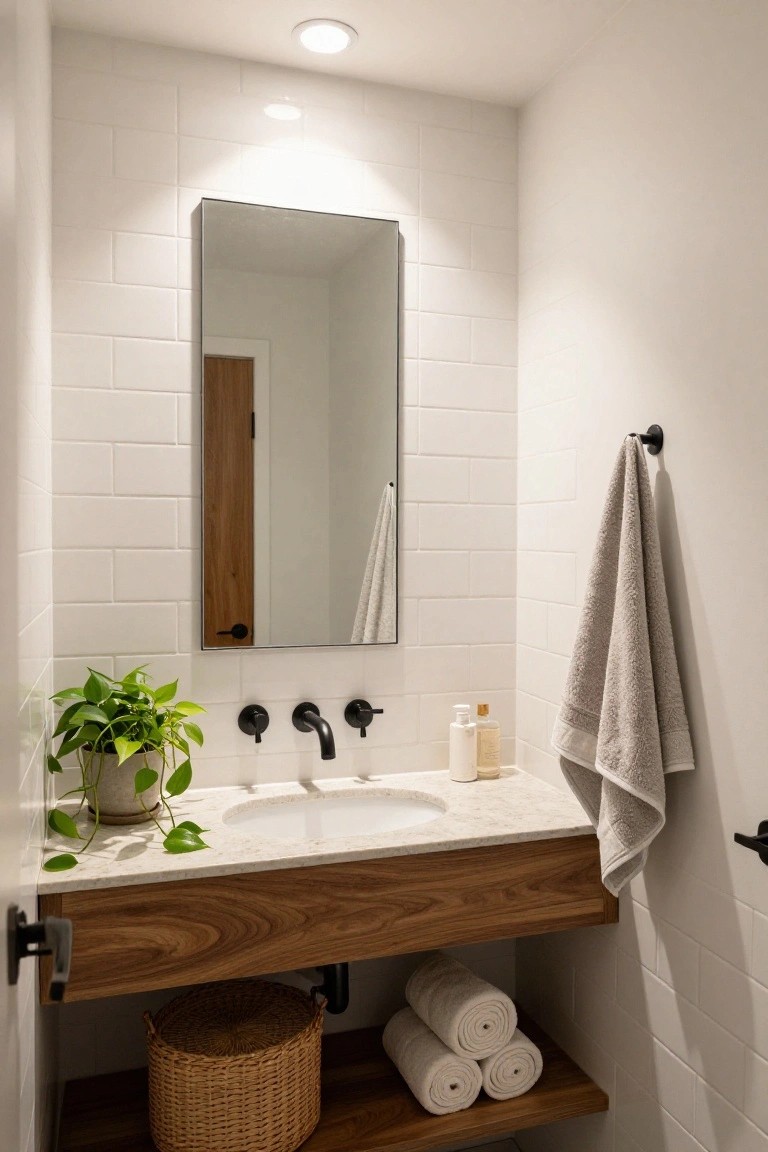 Bathroom vanity with recessed ceiling light, white subway tile walls, floating walnut wood vanity, white sink, potted green plant, soap bottles, hanging gray towel, and stacked white towels in a wicker basket below.