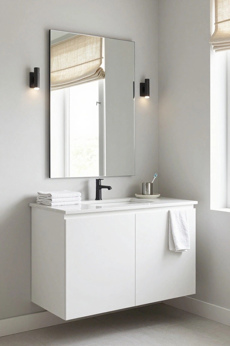 Corner bathroom with floating white vanity cabinet under a frameless rectangular mirror flanked by two black cylindrical wall sconces, black faucet on white sink, white towels, toothbrush in metal cup, window with bamboo shade.