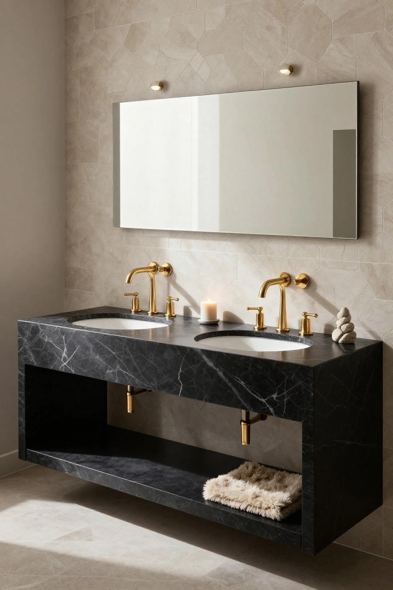 Modern bathroom with floating black marble double vanity, two white round sinks, gold wall-mounted faucets, large rectangular mirror, beige geometric tile walls, small round gold wall lights, candles, stone sculpture, and fur towel on open shelf.