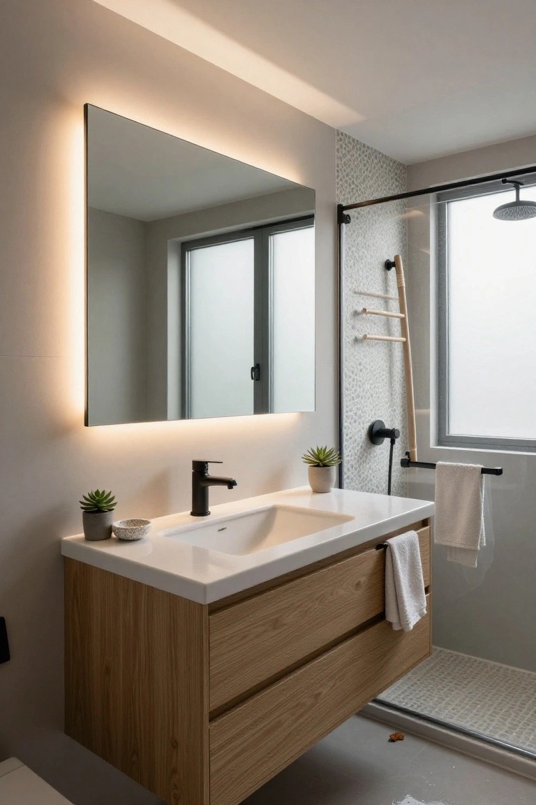 Modern bathroom with oak wood vanity and white sink under a rectangular backlit mirror, adjacent to a glass-enclosed shower with pebble tile floor and wooden towel ladder on tiled walls.
