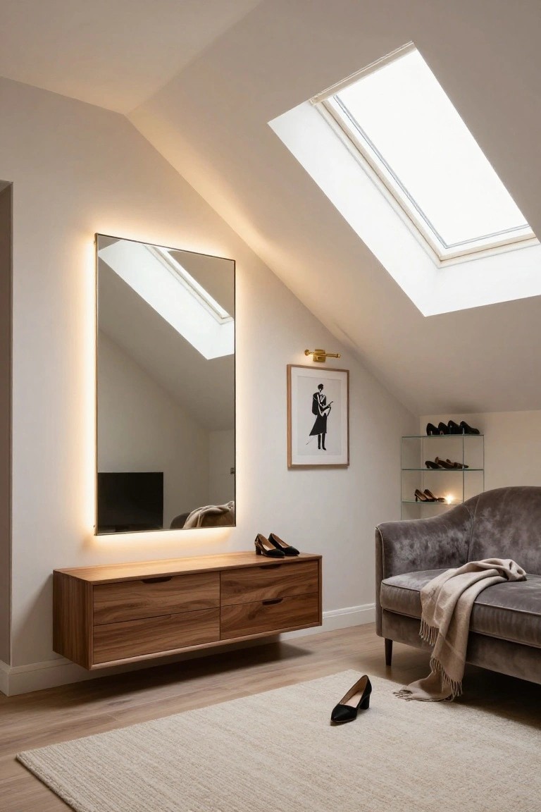 Attic-style interior room with sloped white ceiling and skylight, tall backlit rectangular mirror on wall, walnut floating console below with black high heels on top, glass shoe shelf nearby, framed black silhouette artwork, brass wall sconce, gray velvet sofa with cream throw, single black pump on beige rug, and wood flooring.
