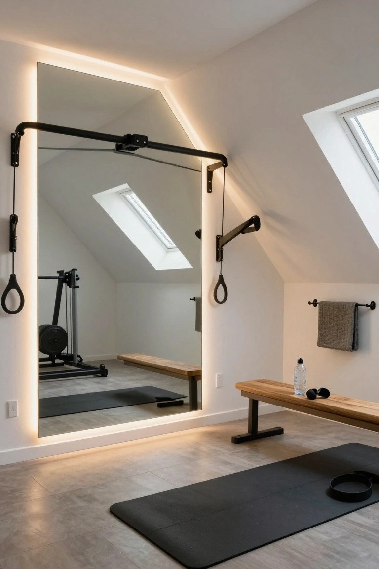 Home gym in a room with sloped ceilings and skylights, showing a large vertical mirror with LED edge lighting, pull-up bar attached to the mirror frame, weight machine, wooden bench, and yoga mat on the floor.