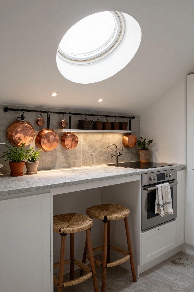 Compact white kitchen in a sloped ceiling room with a circular skylight overhead, copper pots hanging on a black rail against a gray backsplash, white cabinets, gray marble-like countertop, induction hob, stainless oven with towel, two rattan bar stools, and potted plants.