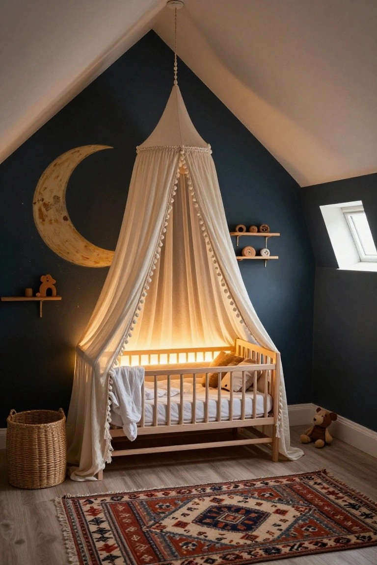 Wooden crib under a white tasseled canopy with warm interior lighting in a dark blue sloped-ceiling nursery featuring a large gold moon wall decal, wooden toys on shelves, a wicker basket, teddy bear, and patterned rug on wood floor.