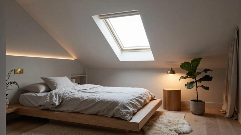 Bedroom with white sloped ceiling and continuous thin LED strip lighting along the upper wall edges, wooden platform bed with gray linens, bedside tables with lamps, skylight, potted plant, window with curtains, sheepskin rug on wood floor.