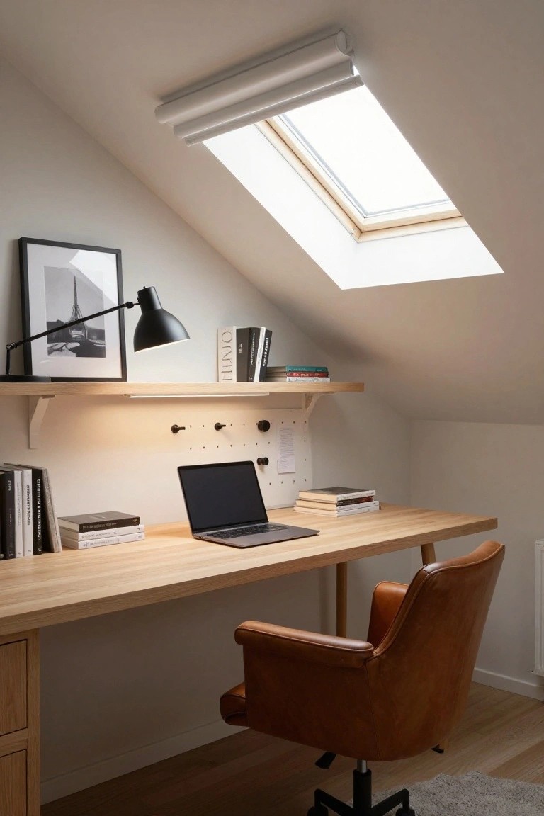 Attic workspace under sloped white ceiling with skylight, oak desk and drawers, tan leather chair, black adjustable lamp, bookshelves, and under-shelf lighting.