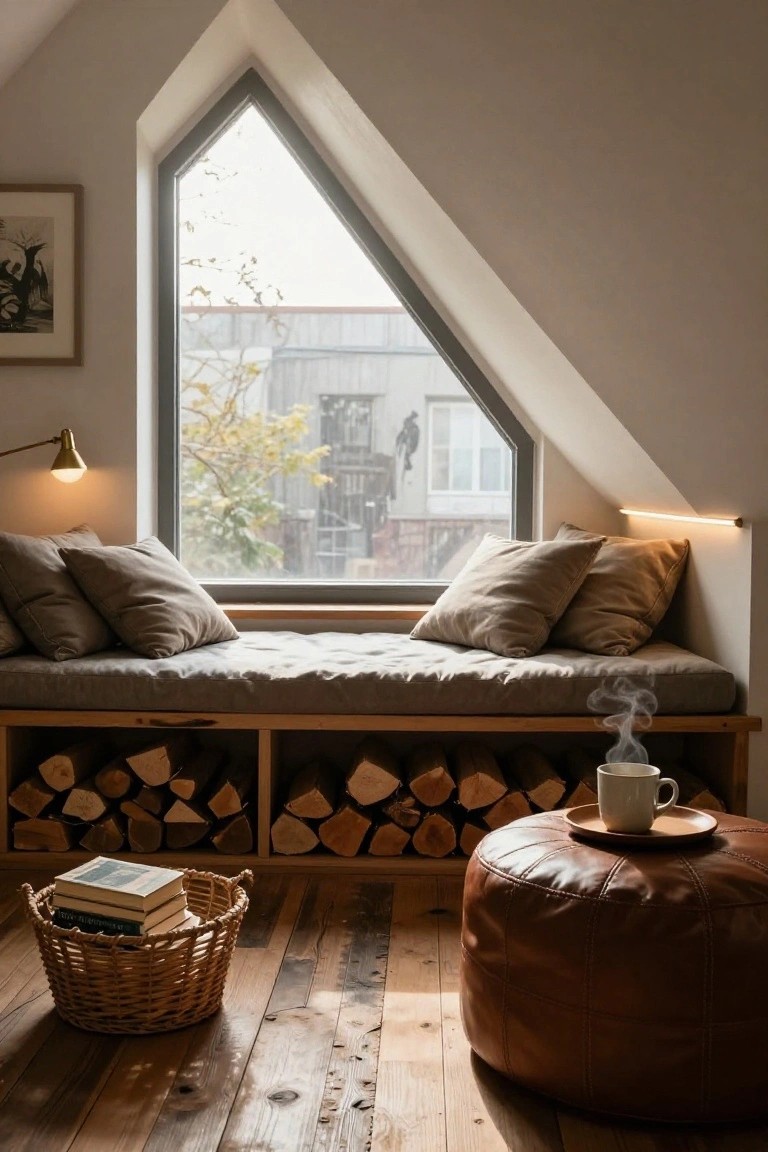 Cozy attic interior with sloped beige walls, large triangular black-framed window, wooden window bench with beige cushions and firewood storage underneath, leather pouf holding a teacup on a saucer, wicker basket with stacked books on hardwood floor, brass wall lamp, and thin LED strip light along the bench top edge.