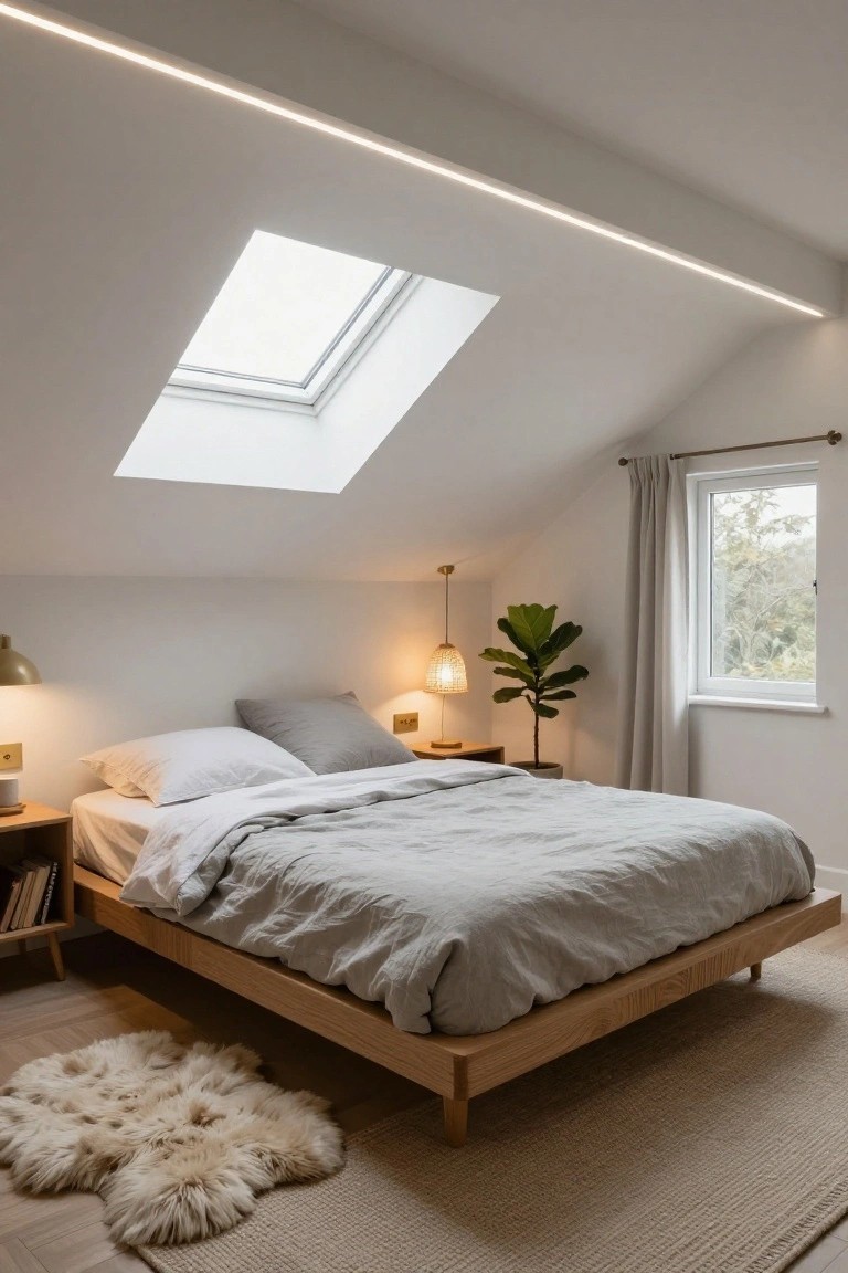 Bedroom with white sloped ceiling and continuous thin LED strip lighting along the upper wall edges, wooden platform bed with gray linens, bedside tables with lamps, skylight, potted plant, window with curtains, sheepskin rug on wood floor.