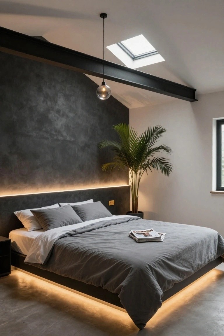 Modern bedroom with sloped ceiling and dark textured accent wall behind platform bed with gray bedding, LED strip lights glowing along headboard and under bed, pendant globe light from beam, skylight above, potted palm plant, and polished concrete floor.