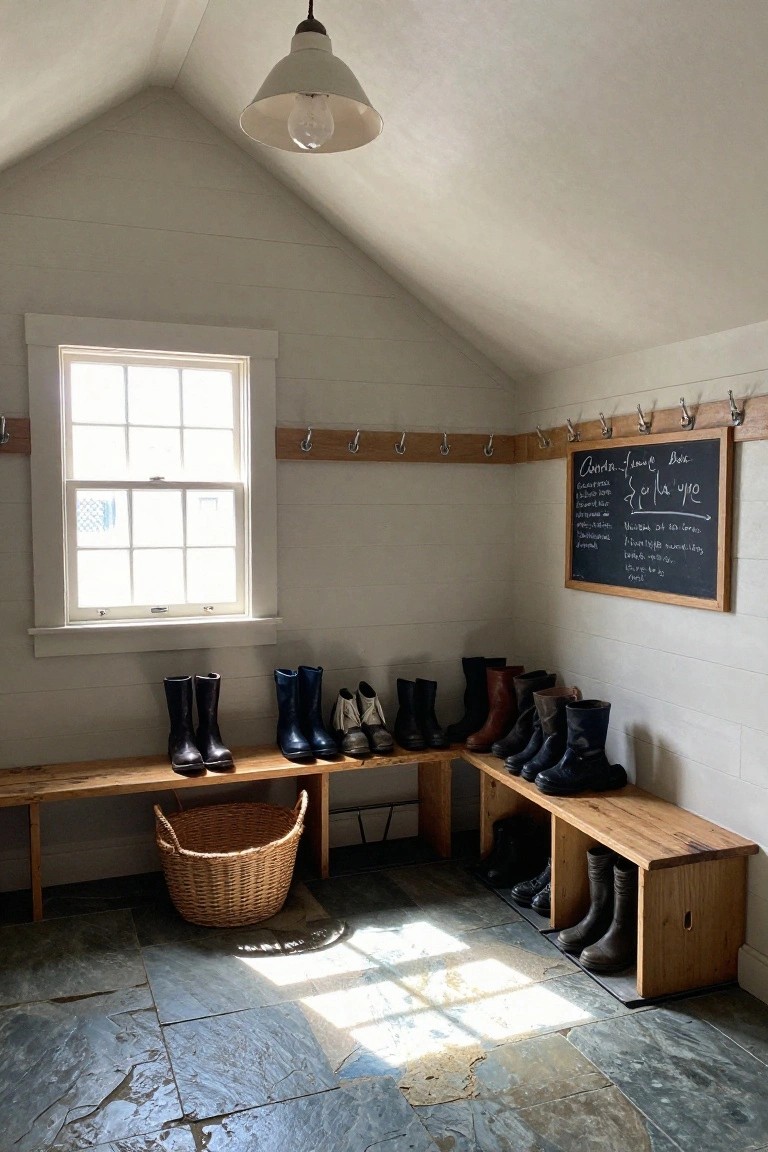 White mudroom interior with sloped ceiling, pendant light hanging from the peak, wooden benches holding various boots, coat hooks on wood rail, chalkboard on wall, window, wicker basket, and slate tile floor.