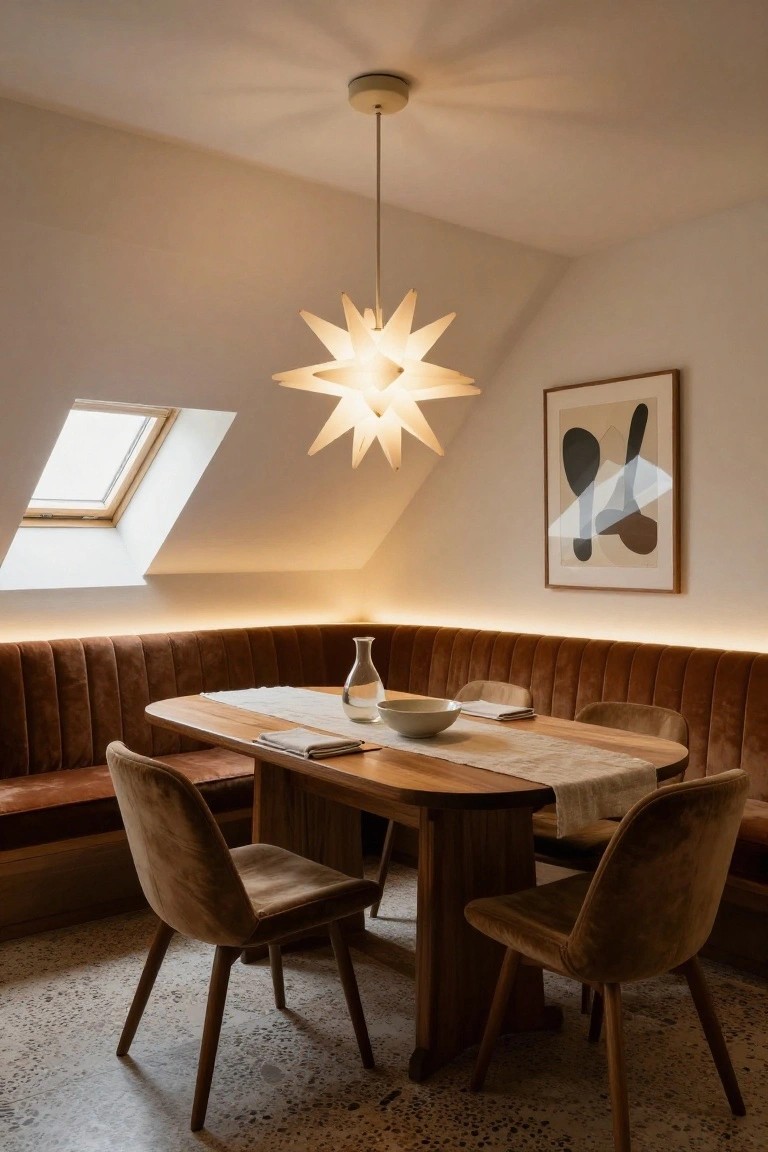 Cozy dining nook under a white sloped ceiling with skylight, illuminated by a white star-shaped pendant light above a wooden oval table, brown tufted banquette, velvet chairs, and terrazzo floor.